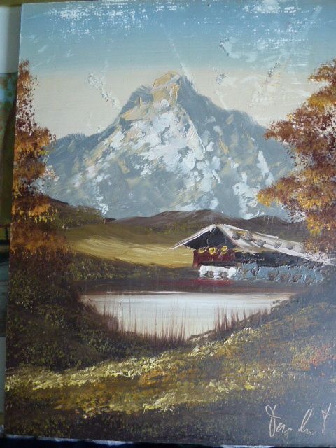 Ölbild mit Berglandschaft, Bergsee und Haus