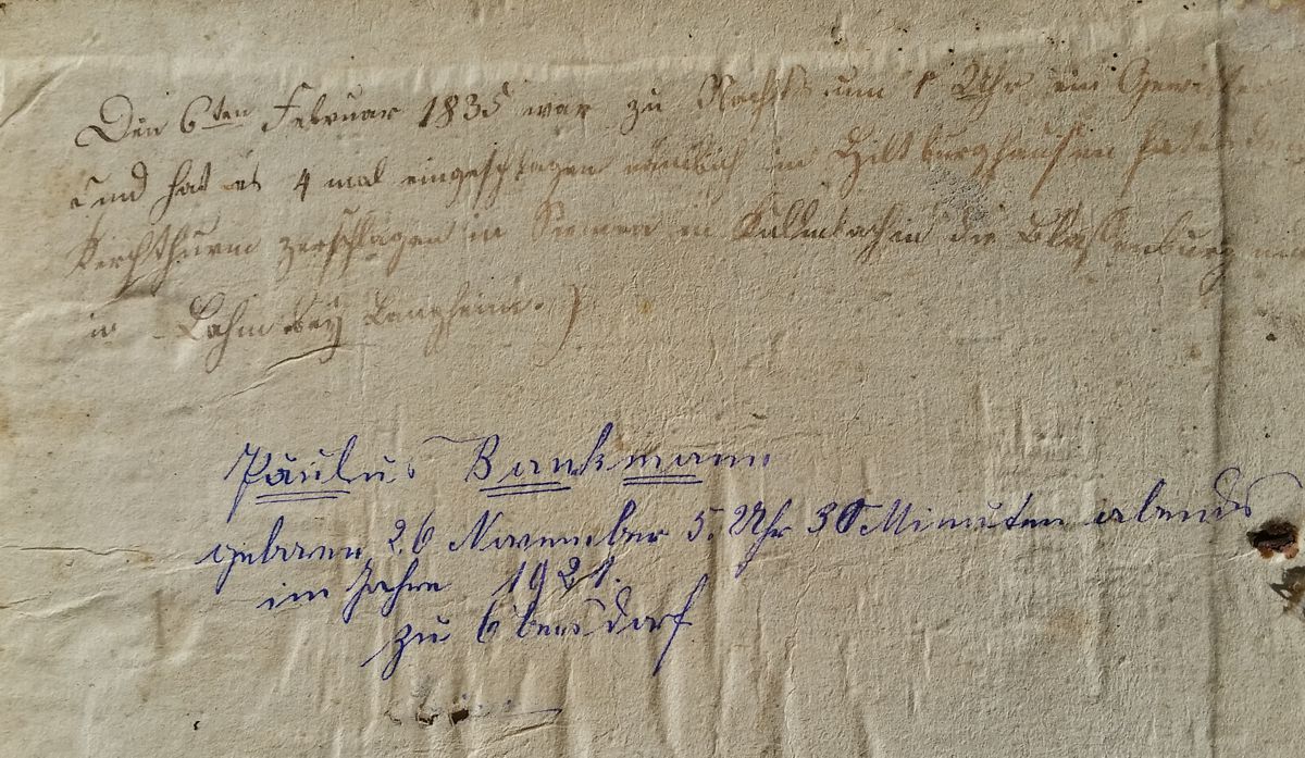 2 handschriftliche Vermerke von 1835 und 1921
